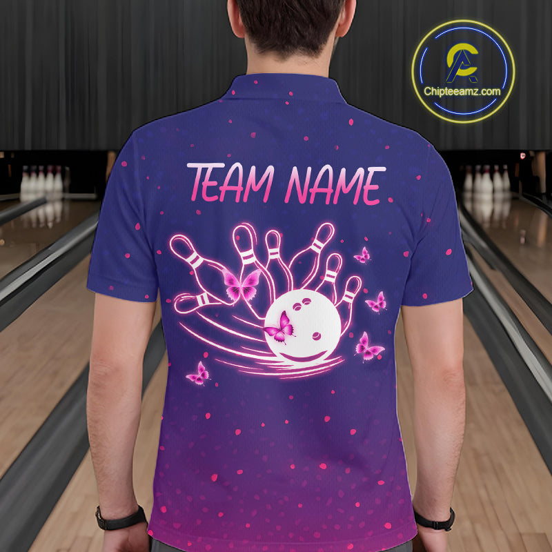 Custom Purple Galaxy Butterflies Bowling Team Shirts Bowling Jersey for Men Bowling League HNT467