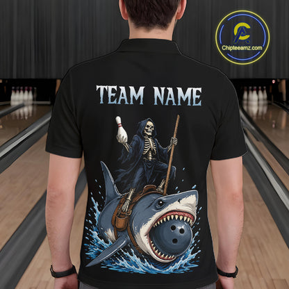 A person viewed from behind wearing a black short-sleeve polo shirt with a large back graphic showing a grim reaper riding a shark with bowling pins and a bowling ball. The shirt has 'TEAM NAME' printed in light blue at the top.