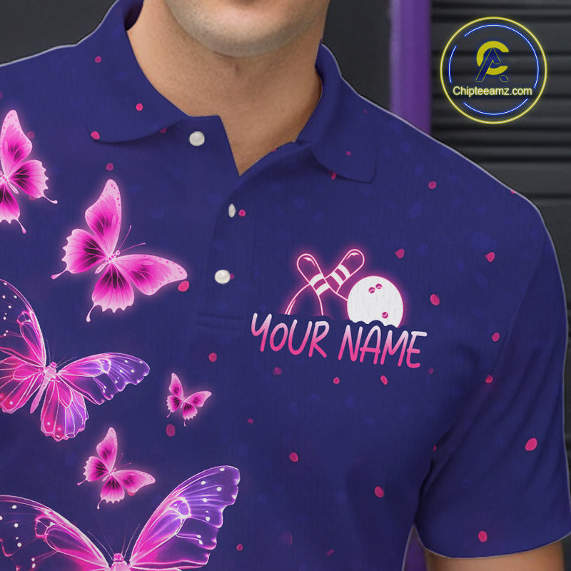 Custom Purple Galaxy Butterflies Bowling Team Shirts Bowling Jersey for Men Bowling League HNT467