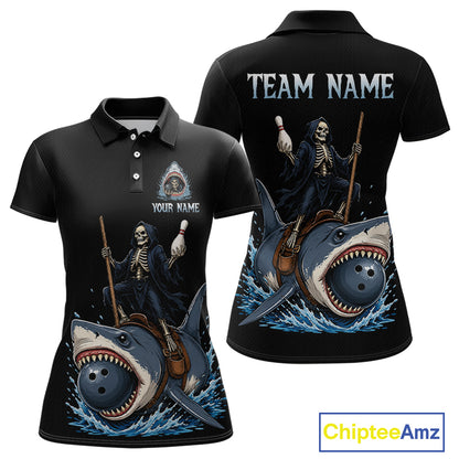 Black short-sleeve polo shirt shown from front and back with a Grim Reaper riding a shark graphic. The front has a small chest graphic with placeholder text 'YOUR NAME', and the back has 'TEAM NAME' above a large shark-and-skeleton print.