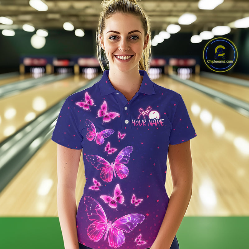 Custom Purple Galaxy Butterflies Bowling Team Shirts Bowling Jersey for Women Bowling League HNT467
