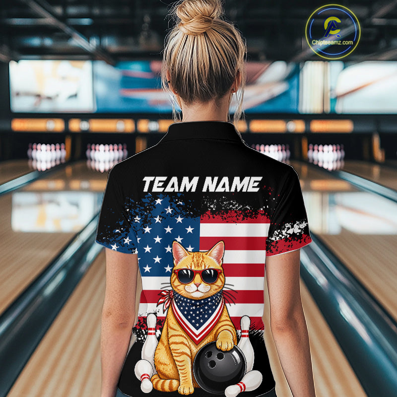 Women’s us flag cat bowling polo shirt, back view on female model in bowling lane 