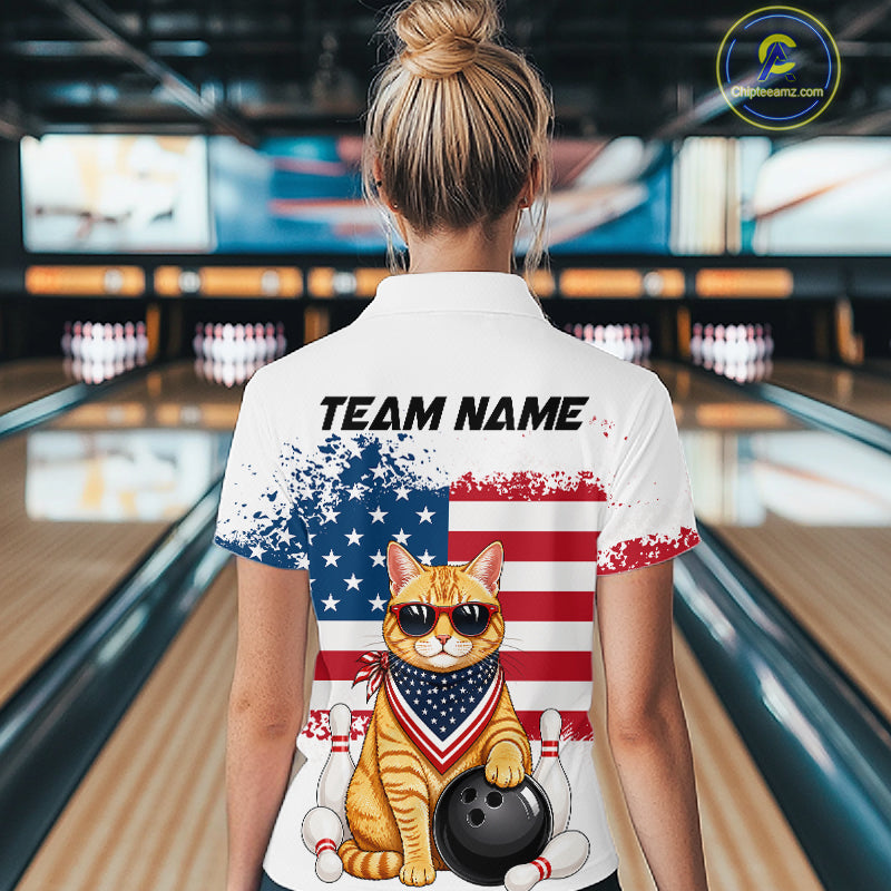 Women’s us flag cat bowling polo shirt, back view on female model in bowling lane 