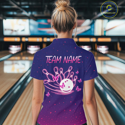 Custom Purple Galaxy Butterflies Bowling Team Shirts Bowling Jersey for Women Bowling League HNT467