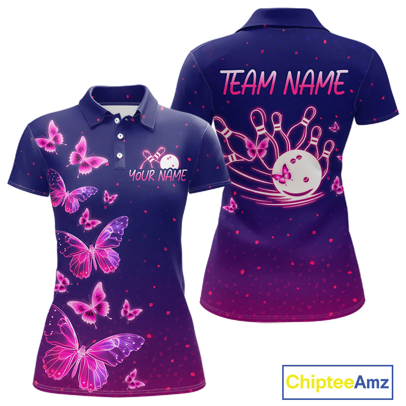 Custom Purple Galaxy Butterflies Bowling Team Shirts Bowling Jersey for Women Bowling League HNT467