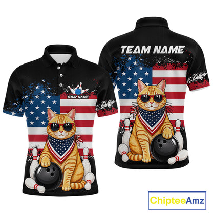 Custom us flag cat bowling jersey for men, personalized team bowling polo shirt front view and back view