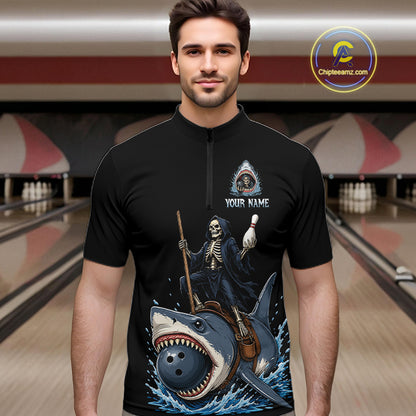 A man wearing a black short-sleeve quarter-zip bowling shirt with a large graphic of a grim reaper riding a shark, set against a blurred bowling alley background. A circular 'ChipteeAmz'.