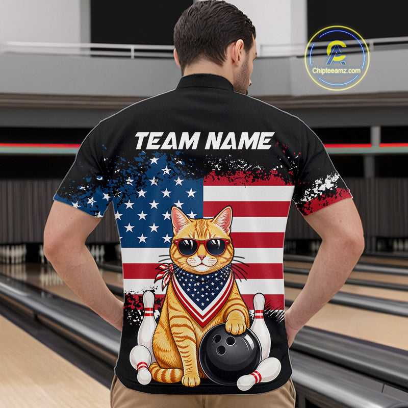 Men’s us flag cat bowling quarter zip shirt, back view on male model in bowling lane 