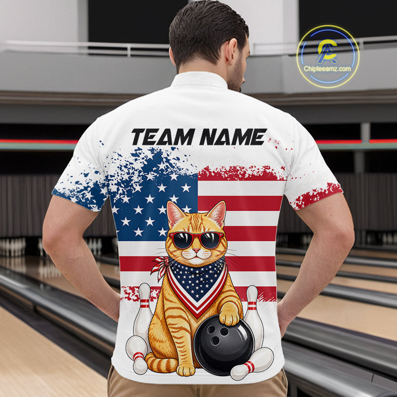 Men’s us flag cat bowling quarter zip shirt, back view on male model in bowling lane 