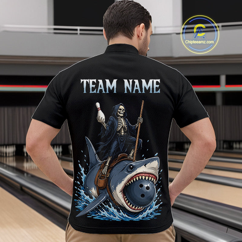 A man viewed from behind wearing a black short-sleeve polo shirt with a large back graphic. The graphic shows a skeleton riding a shark while holding a guitar and bowling pin, with the text 'TEAM NAME' above.