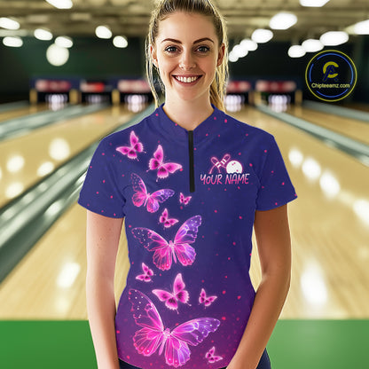 Custom Purple Galaxy Butterflies Bowling Team Shirts Bowling Jersey for Women Bowling League HNT467