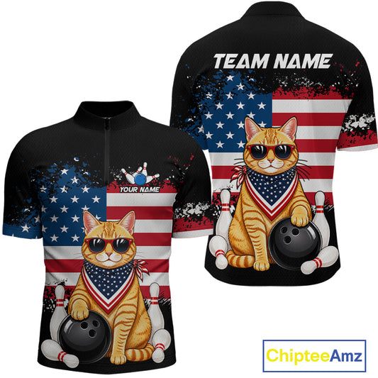 Custom us flag cat bowling jersey for men, personalized team bowling quarter zip shirt front view and back view