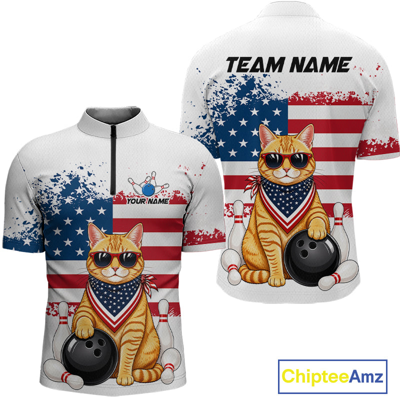 Custom us flag cat bowling jersey for men, personalized team bowling quarter zip shirt front view and back view