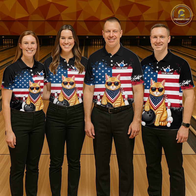 Group of bowlers in us flag cat team shirts, personalized bowling uniforms front view.