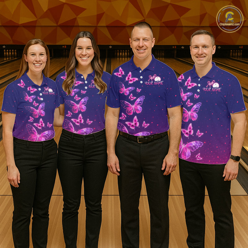 Custom Purple Galaxy Butterflies Bowling Team Shirts Bowling Jersey for Women Bowling League HNT467