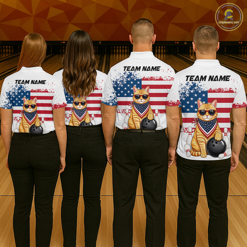 Group of bowlers in us flag cat team shirts, personalized bowling uniforms back view.