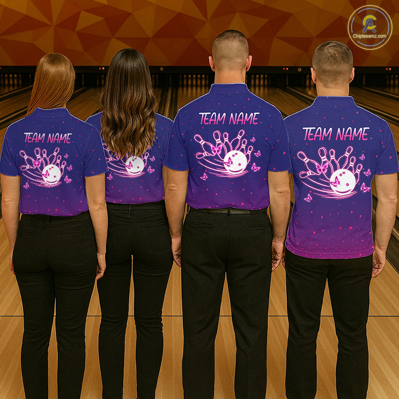 Custom Purple Galaxy Butterflies Bowling Team Shirts Bowling Jersey for Women Bowling League HNT467