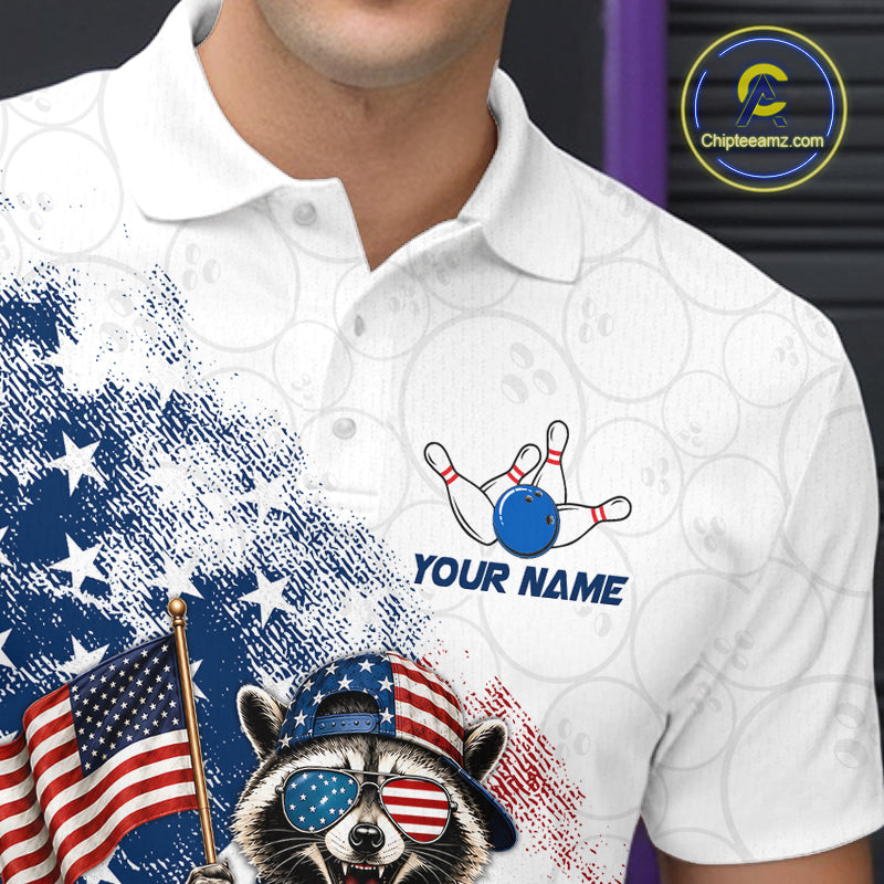 Men’s us flag raccoon bowling polo shirt with custom name, angled front view showing custom team design 
