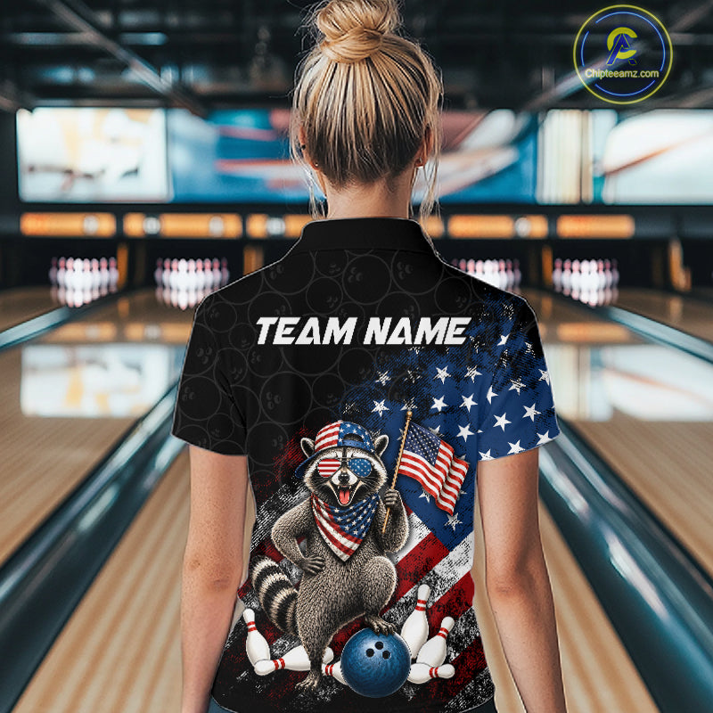 Women’s us flag raccoon bowling polo shirt, back view on female model in bowling lane 