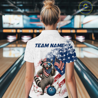 Women’s us flag raccoon bowling polo shirt, back view on female model in bowling lane 
