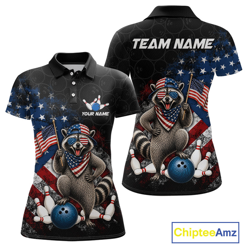Custom us flag raccoon bowling jersey for women, personalized team bowling polo shirt front view and back view
