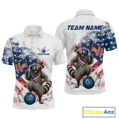 Custom us flag raccoon bowling jersey for men, personalized team bowling polo shirt front view and back view