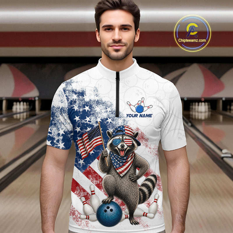 Men’s us flag raccoon bowling quarter zip shirt, front view on male model in bowling lane 
