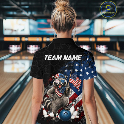 Women’s us flag raccoon bowling quarter zip shirt, back view on female model in bowling lane 
