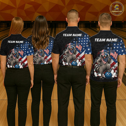 Group of bowlers in us flag raccoon team shirts, personalized bowling uniforms back view.