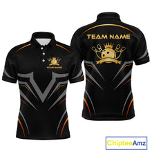 Load image into Gallery viewer, Black bowling shirt with team name and logo on a white background