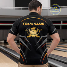 Load image into Gallery viewer, Man wearing a black bowling shirt with 'Team Name' and a logo on the back, standing in a bowling alley.