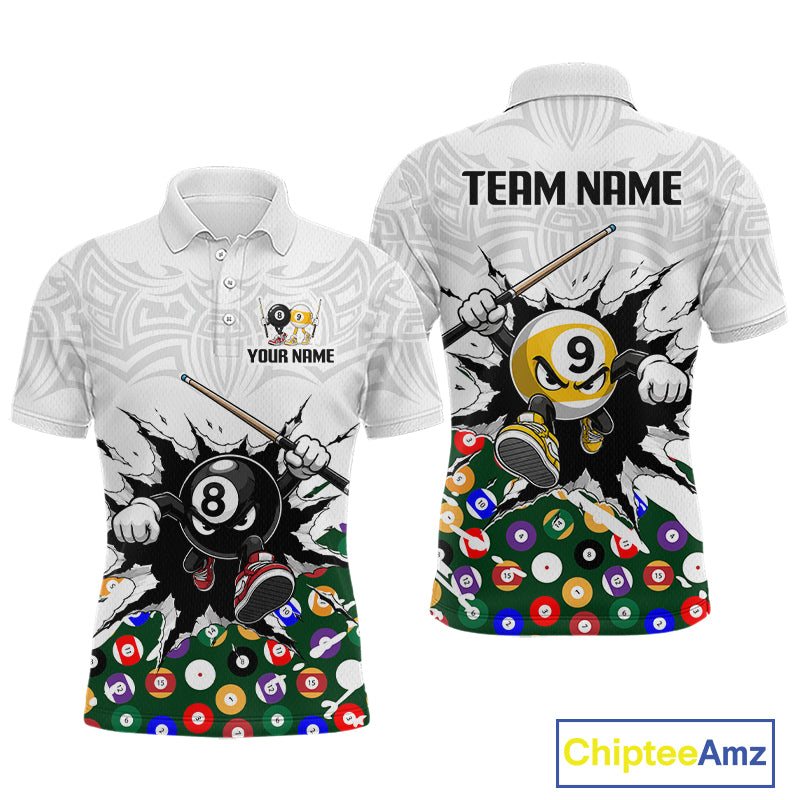 Customizable polo shirt with billiards design and space for team name and personalization on a white background.
