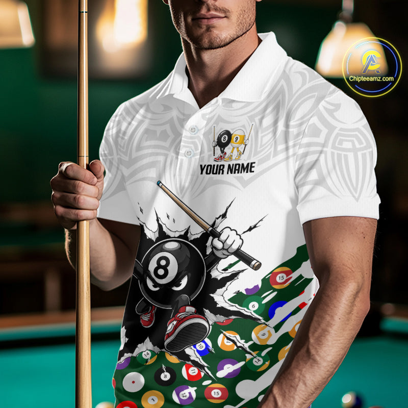 Man holding a pool cue wearing a white polo shirt with a colorful pool ball design and text.