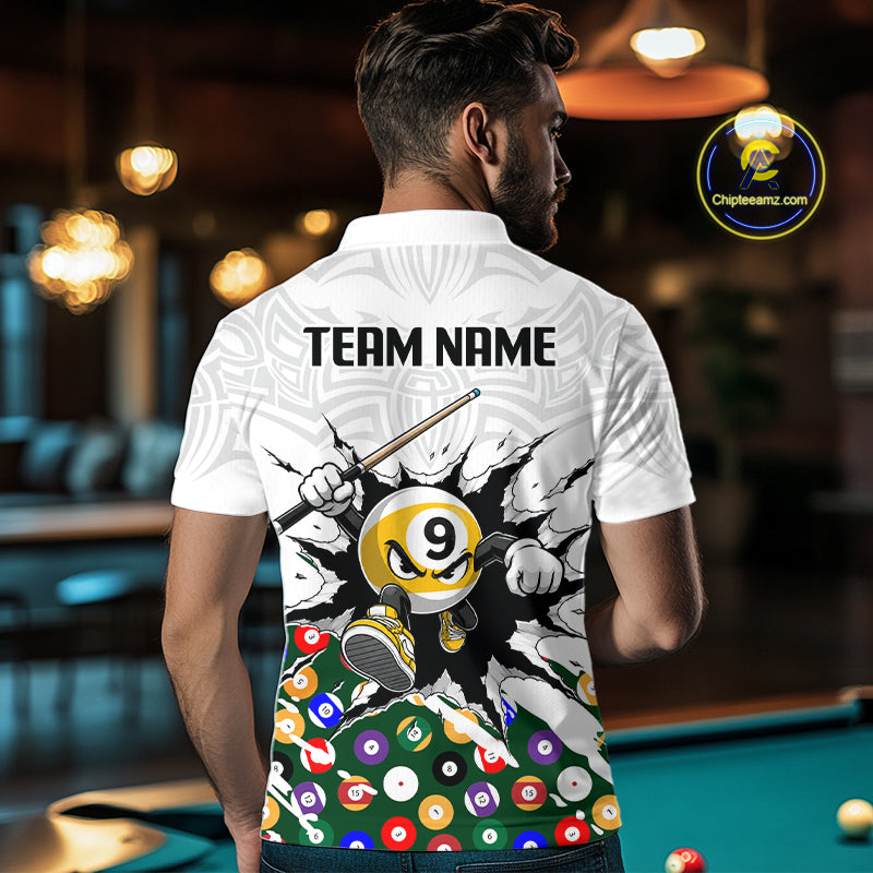 Man wearing a white shirt with pool-themed design and 'TEAM NAME' text, in a pool hall setting.