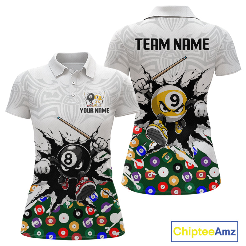 Customizable polo shirt with billiards design and space for team name and player name, brand 'Chiptee Amz' visible.