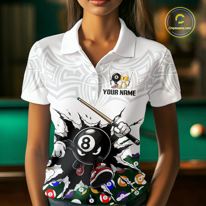 White polo shirt with billiards design and text 'Your Name' in a pool hall setting