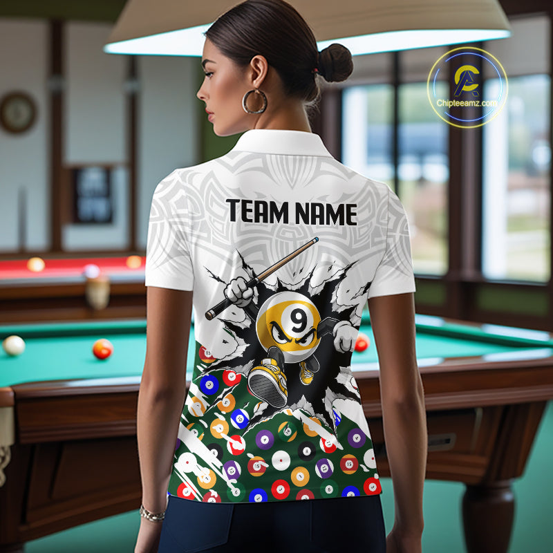 Person wearing a white polo shirt with a colorful design and 'TEAM NAME' text in a pool hall.