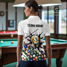 Load image into Gallery viewer, Person wearing a white polo shirt with a colorful design and 'TEAM NAME' text in a pool hall.