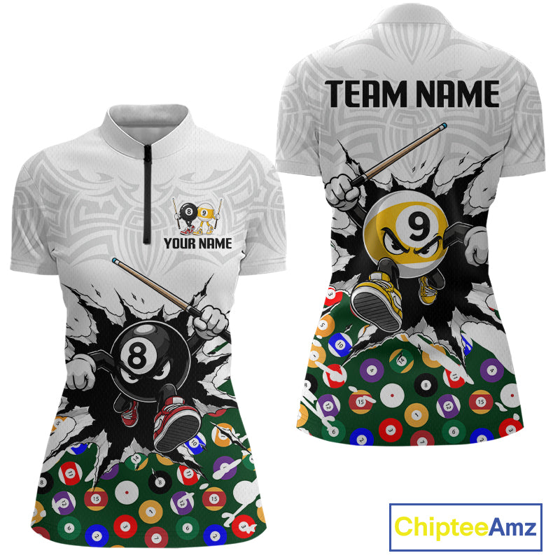Two views of a polo shirt with billiards-themed design and customizable text.