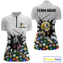 Load image into Gallery viewer, Two views of a polo shirt with billiards-themed design and customizable text.