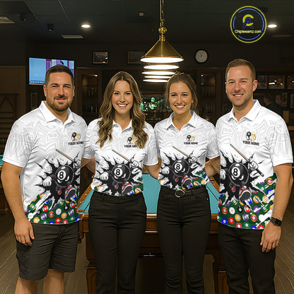 Four people wearing matching bowling-themed shirts in a bowling alley.