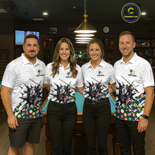 Load image into Gallery viewer, Four people wearing matching bowling-themed shirts in a bowling alley.