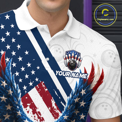 A close-up of a person wearing a white polo shirt with a patriotic American flag design, featuring blue and red stripes, white stars, and a bowling-themed chest graphic with the text 'YOUR NAME'.