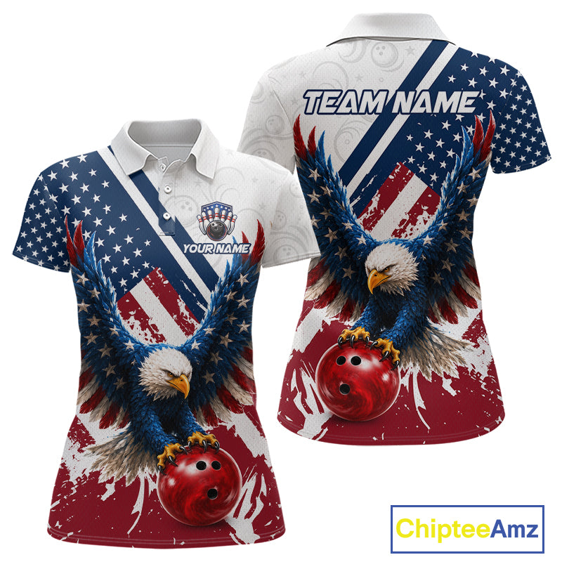 Front and back views of a patriotic-themed short-sleeve polo shirt featuring a bald eagle, red bowling ball, and distressed American flag design. The shirt includes customizable text placeholders 'TEAM NAME' and 'YOURNAME'.