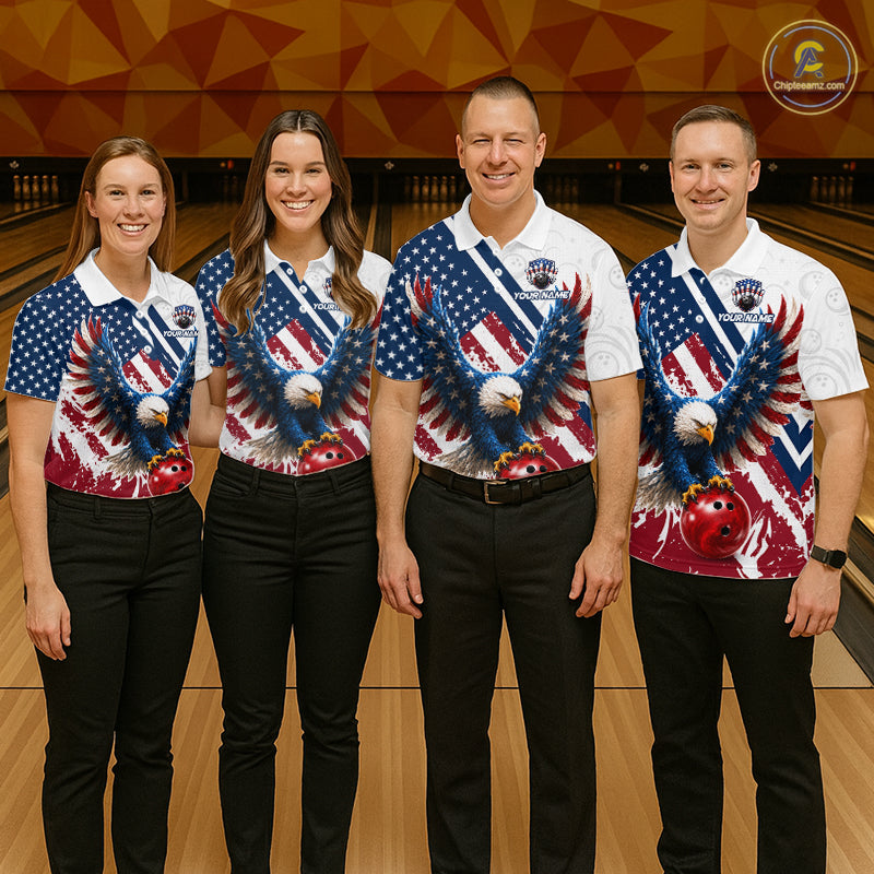 Four people standing together in a bowling alley wearing matching patriotic bowling shirts with eagle graphics and black pants.