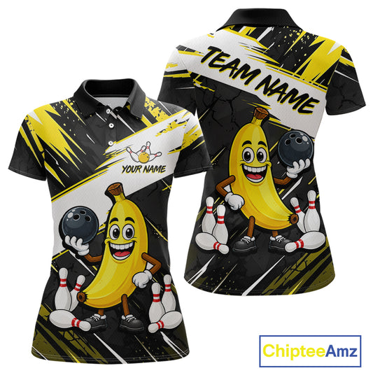 Women polo shirt with cartoon banana character bowling and customizable text on a black and yellow background.