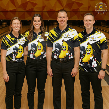 Four people wearing matching bowling shirts with a banana design on a bowling alley.