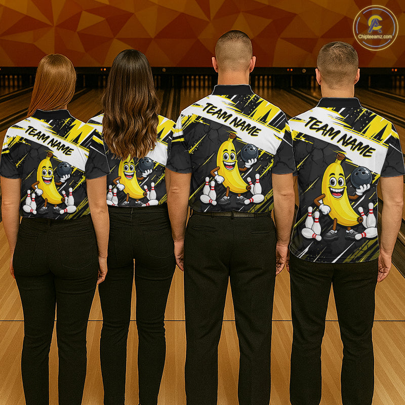 Four people wearing bowling shirts with a banana character design on a bowling alley.