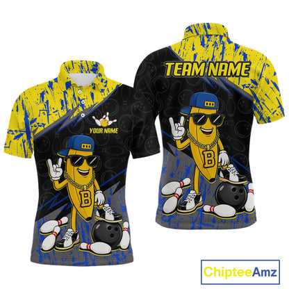 Men polo bowling jersey with cartoon character and customizable text on a white background