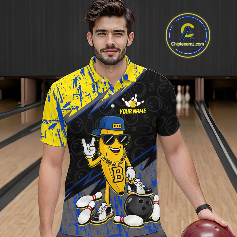 Man wearing a custom bowling shirt with a cartoon character and 'Your Name' text in a bowling alley.